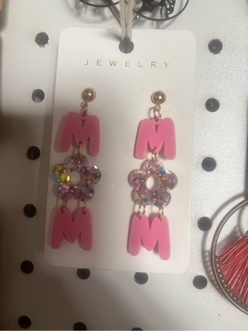 Pink MOM Dangle Earrings with Crystal Flower Accent
